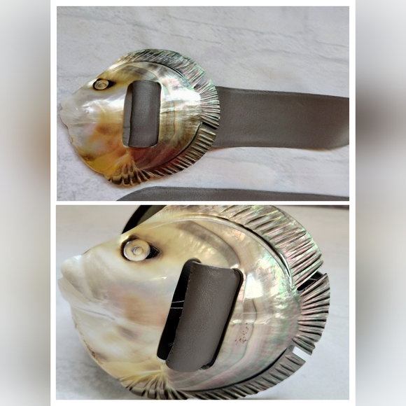 Source Unknown Accessories - Elegant Fish Mother Of Pearl Design Belt with Iridescent Gray Leather Retro Vtg